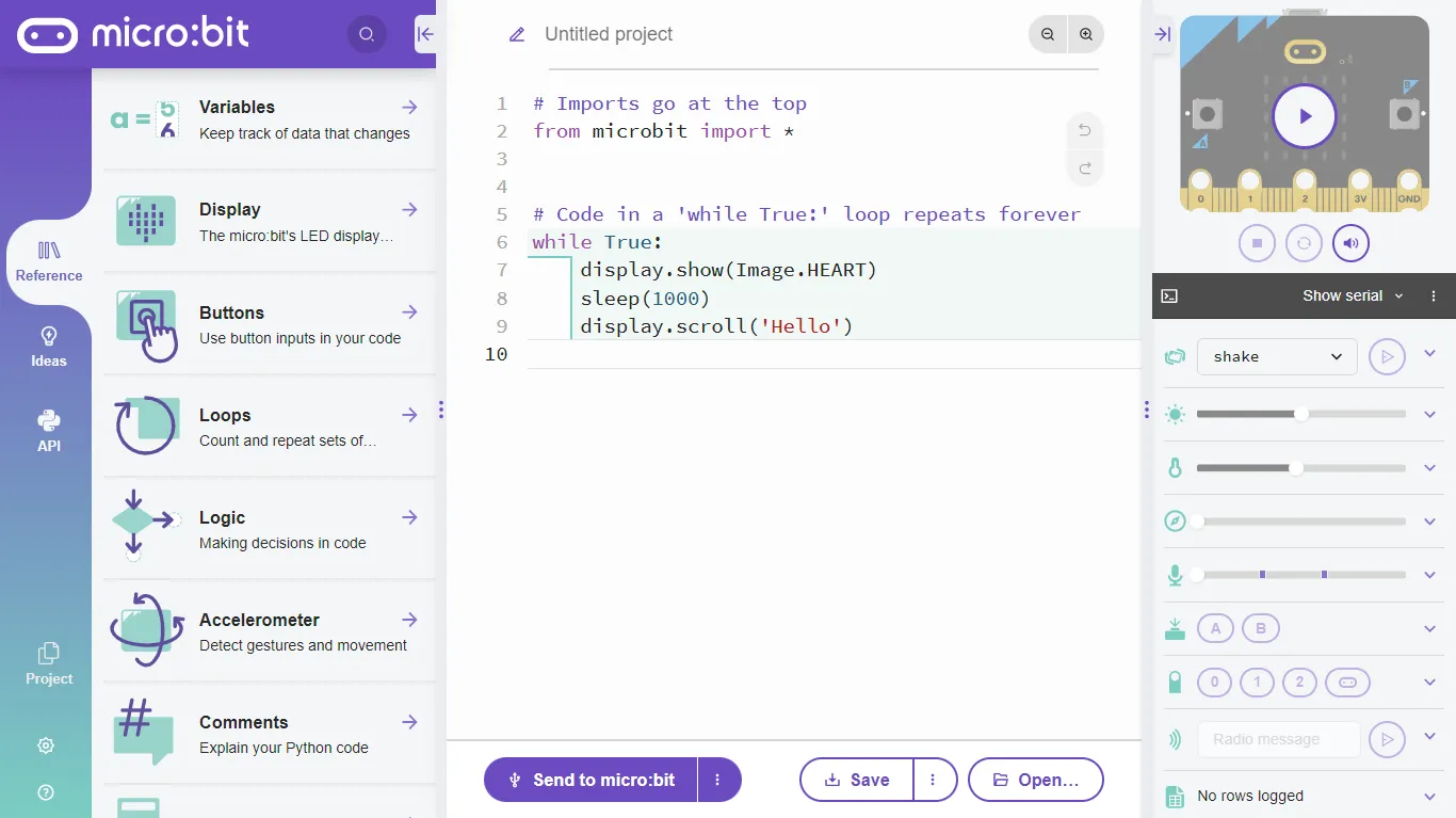 The Python editor at python.microbit.org